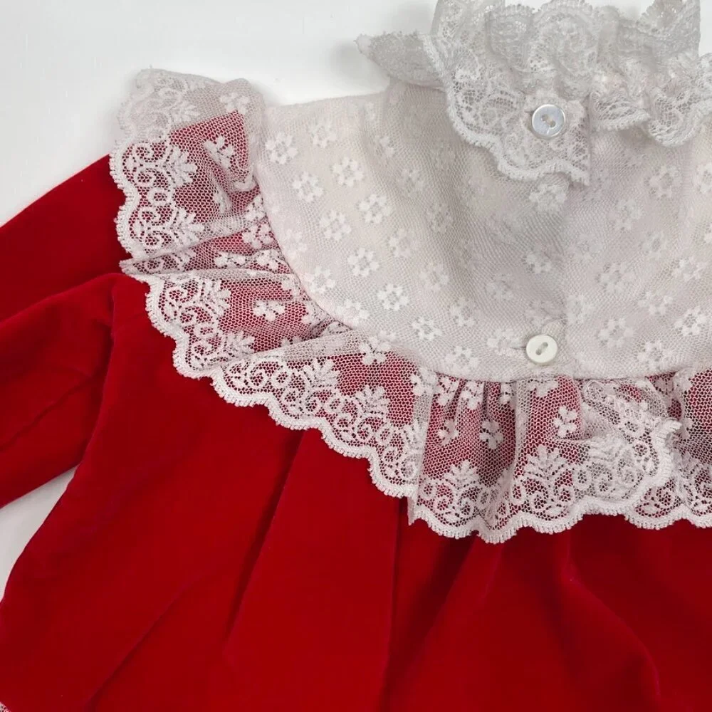 Vintage Toddler 18M Red Velvet and Lace Trim Christmas Dress w/ Bubble Sleeves